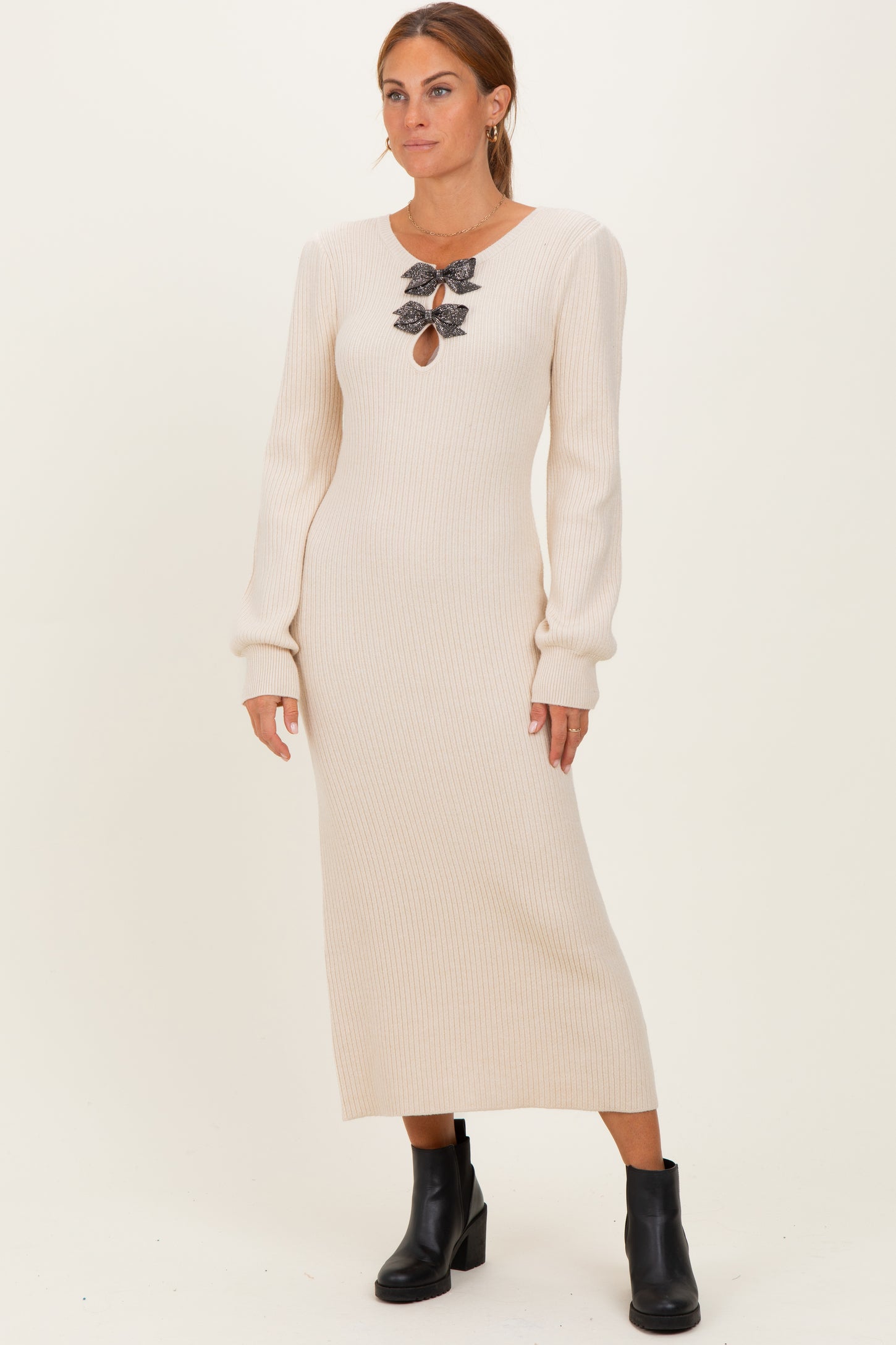 Cream Ribbed Bow Detail Midi Sweater Dress