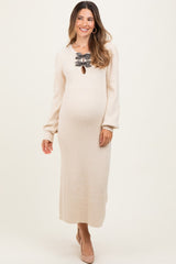 Cream Ribbed Bow Detail Maternity Midi Sweater Dress