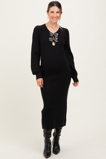 Black Ribbed Bow Detail Maternity Midi Sweater Dress