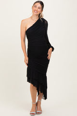 Black Mesh Ruched One Shoulder Asymmetric Maternity Dress