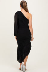 Black Mesh Ruched One Shoulder Asymmetric Maternity Dress