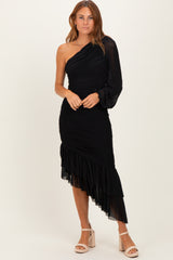 Black Mesh Ruched One Shoulder Asymmetric Dress