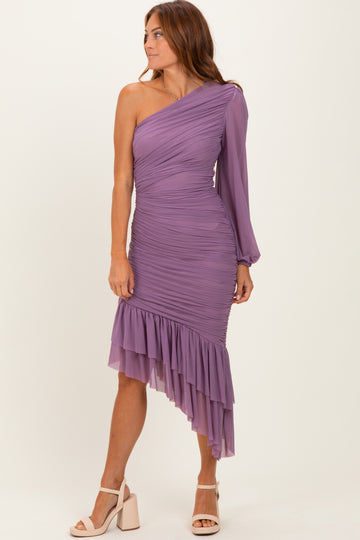 Lavender Mesh Ruched One Shoulder Asymmetric Dress