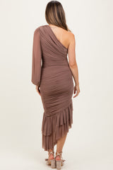 Mocha Mesh Ruched One Shoulder Asymmetric Maternity Dress