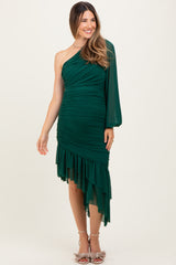 Forest Green Mesh Ruched One Shoulder Asymmetric Maternity Dress