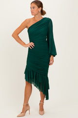 Forest Green Mesh Ruched One Shoulder Asymmetric Dress