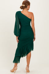 woman wearing a green one-shoulder ruched dress with a puff sleeve and asymmetrical ruffle hem