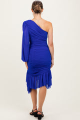Royal Blue Mesh Ruched One Shoulder Asymmetric Maternity Dress
