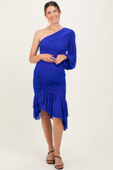 Royal Blue Mesh Ruched One Shoulder Asymmetric Maternity Dress