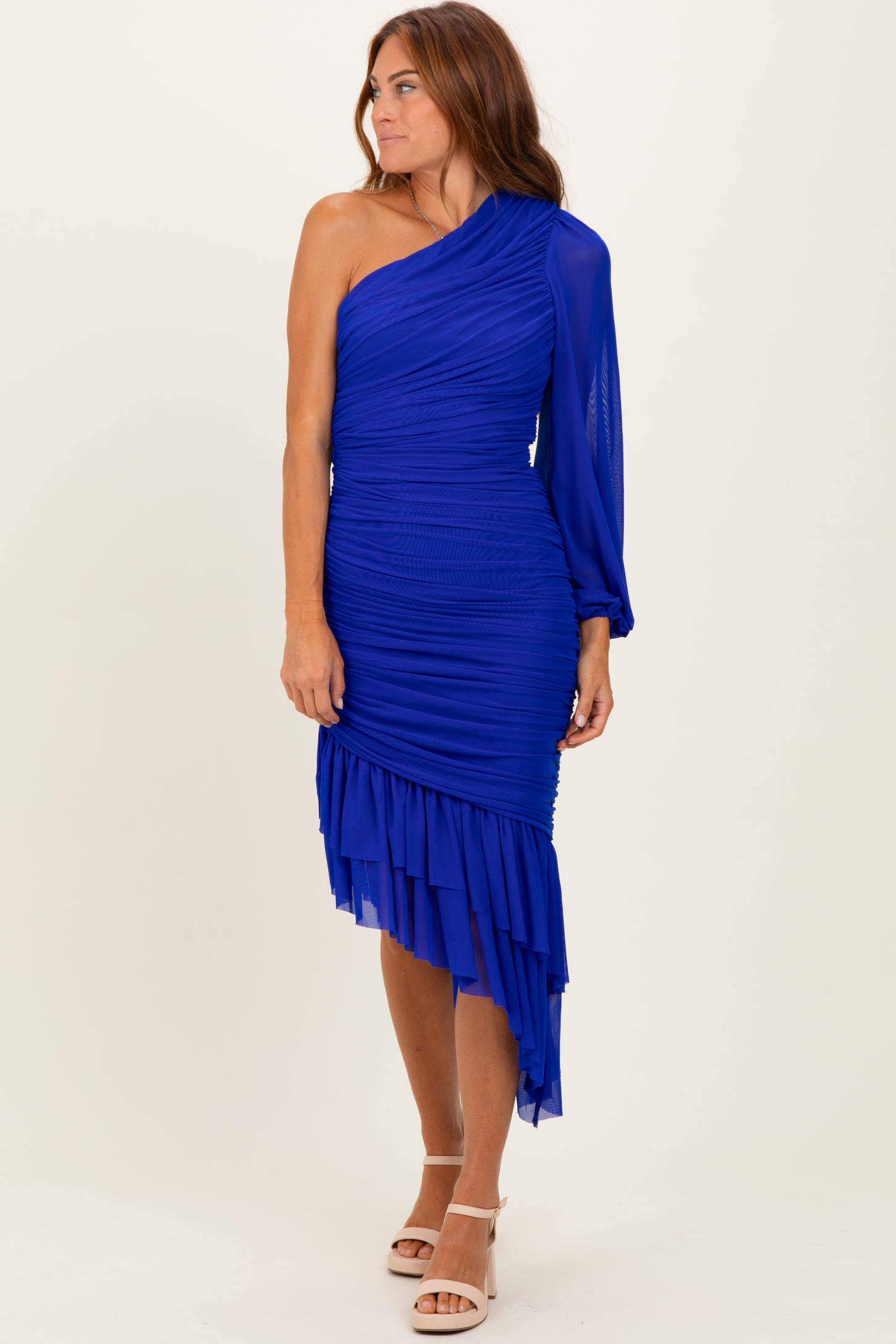 Royal Blue Mesh Ruched One Shoulder Asymmetric Dress