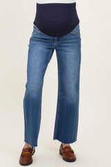maternity wear dark blue waistband maternity jeans with a relaxed fit and frayed hem, model standing with legs apart