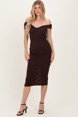Brown Off Shoulder Fitted Maternity Midi Dress