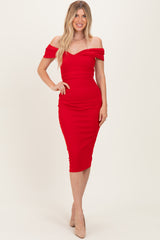 Red Off Shoulder Fitted Maternity Midi Dress