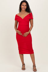 Red Off Shoulder Fitted Maternity Midi Dress