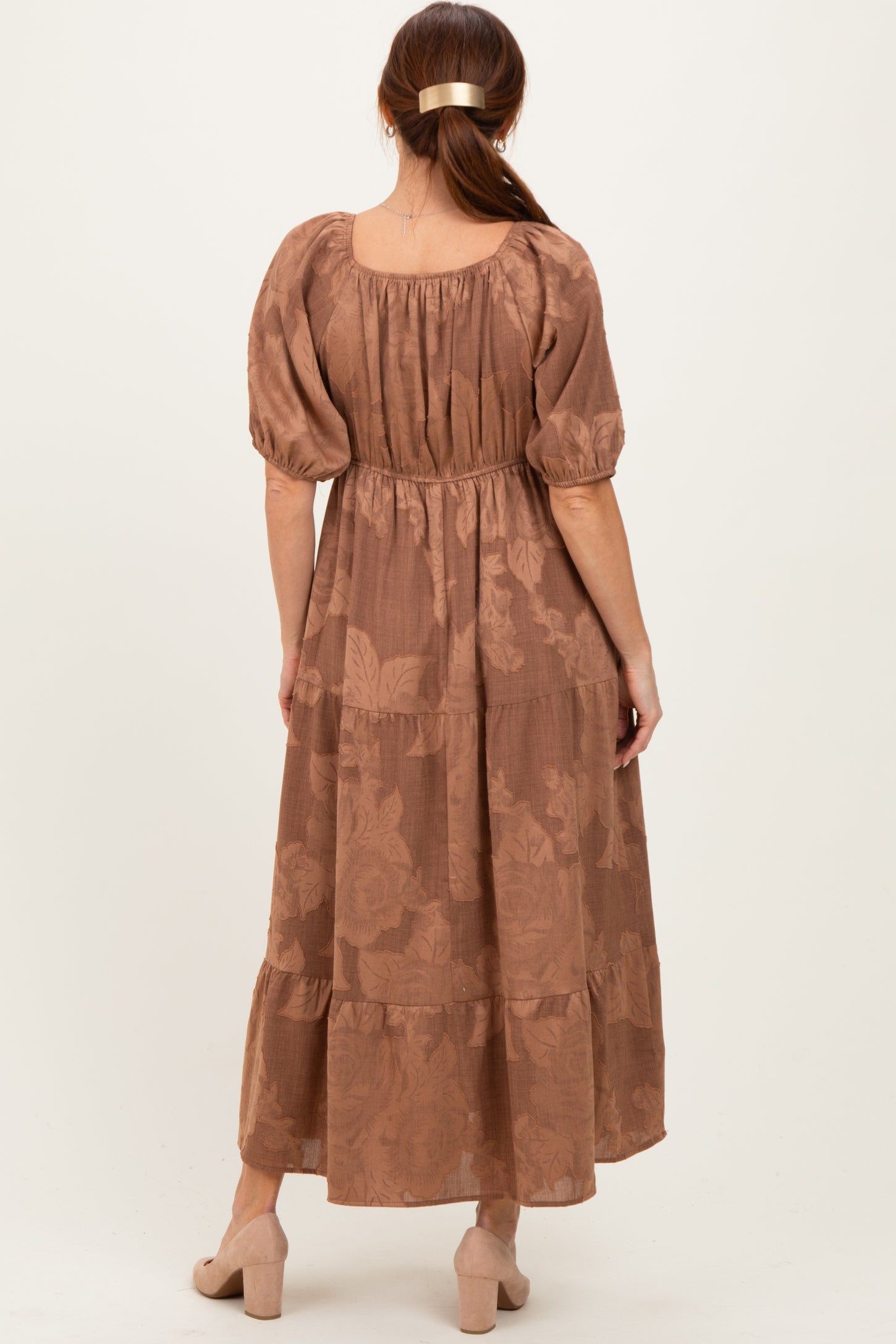 Brown Floral Textured Tiered Midi Dress