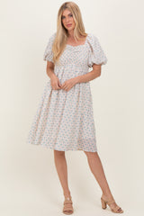 Pink Floral Square Neck Puff Sleeve Midi Dress