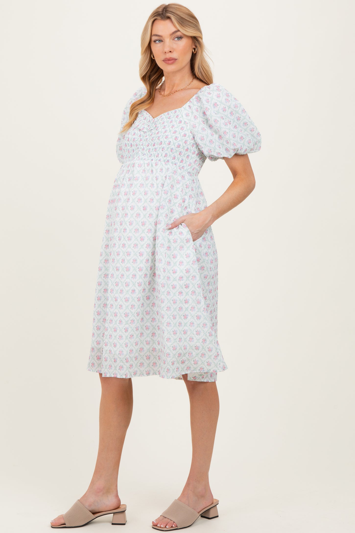 Green Floral Smocked Puff Sleeve Maternity Dress