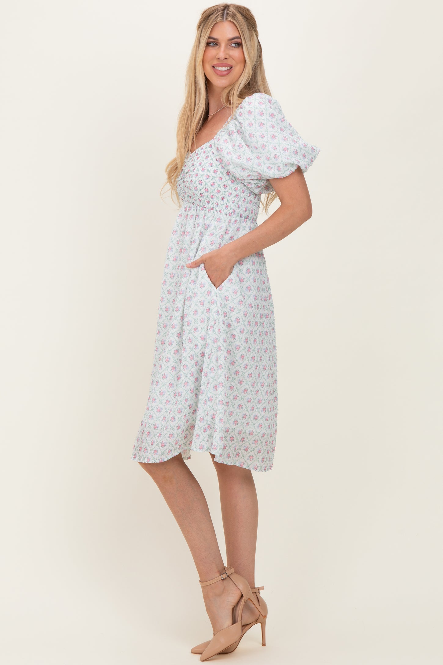 Green Floral Smocked Puff Sleeve Dress