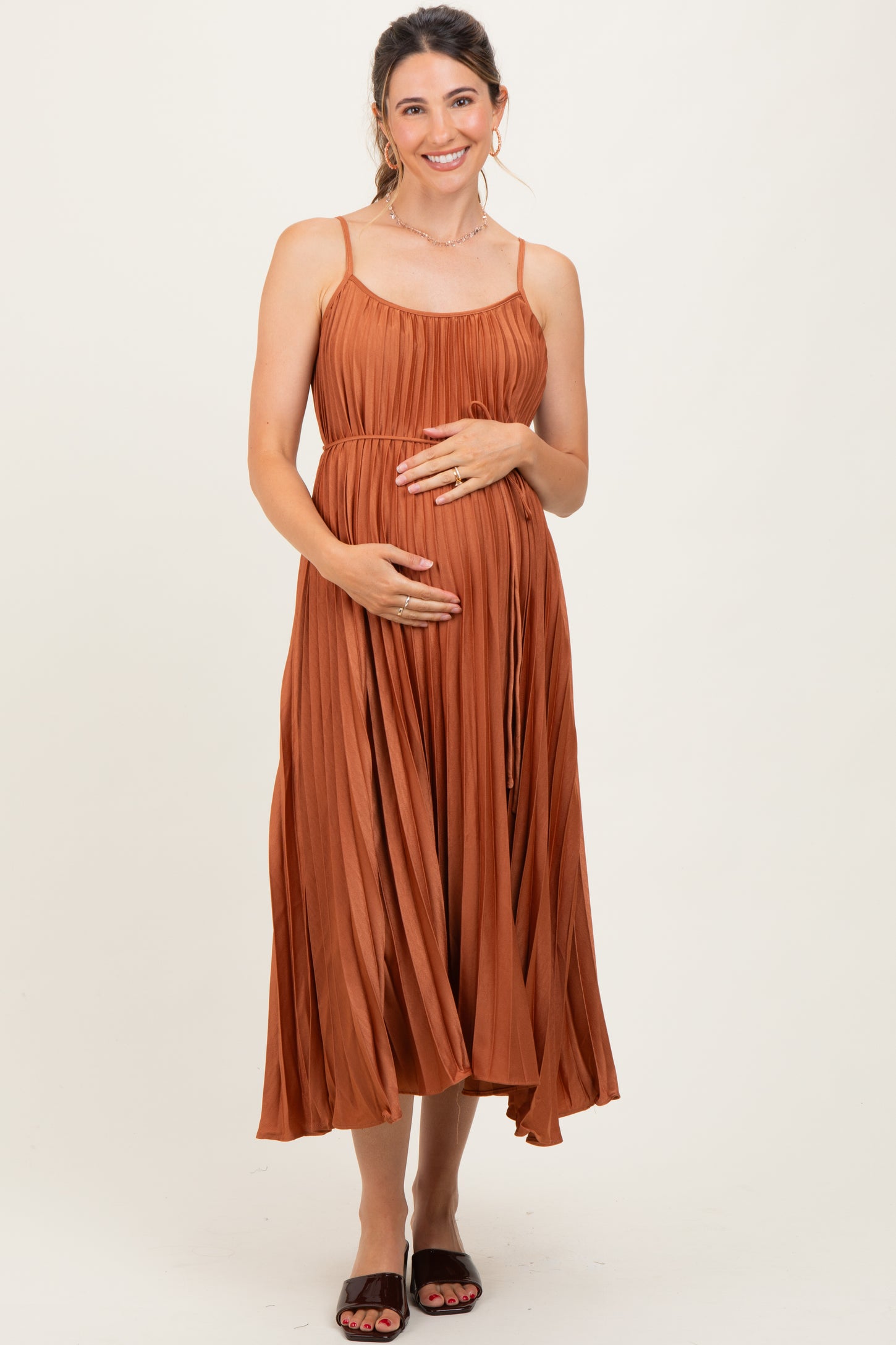 Rust Pleated Sash Tie Maternity Midi Dress