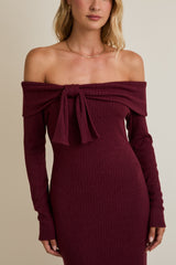 Burgundy Knit Off Shoulder Bow Detail Midi Dress
