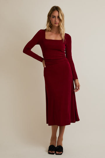 Burgundy Square Neck Long Sleeve Ruched Midi Dress