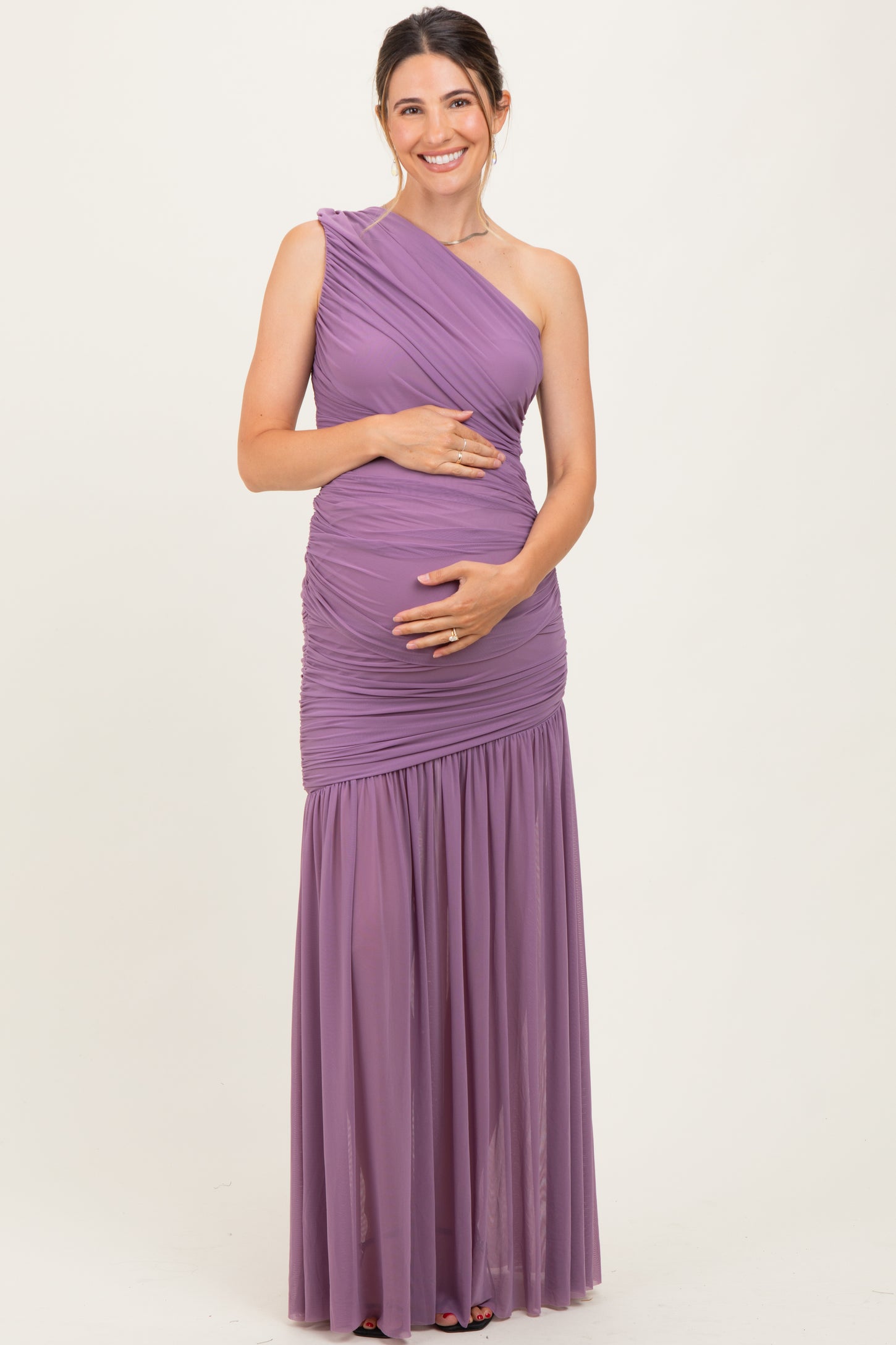 Dark Lavender Ruched Mesh One Shoulder Maternity Maxi Dress