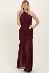 Dark Burgundy Ruched Mesh One Shoulder Maxi Dress