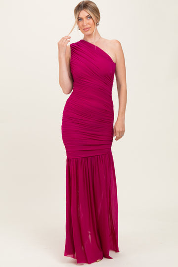 Deep Magenta Ruched Mesh One Shoulder Maxi Dress