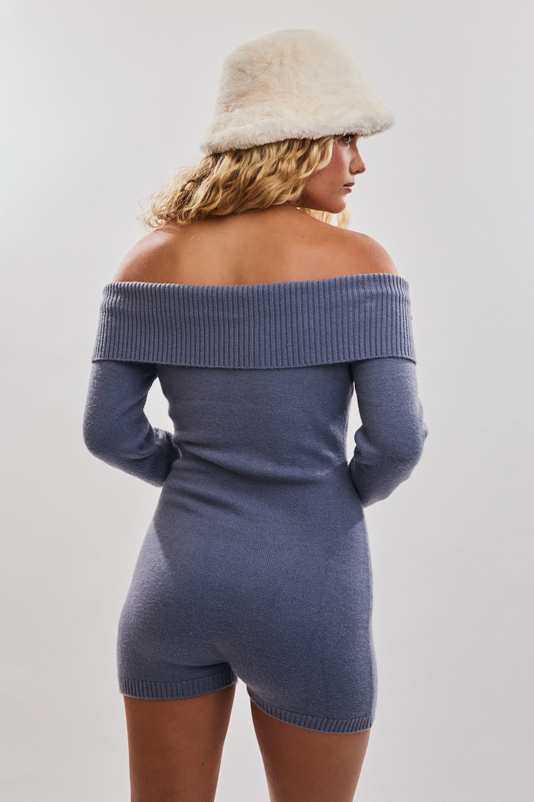 Dusty Blue Off Shoulder Knitted Romper