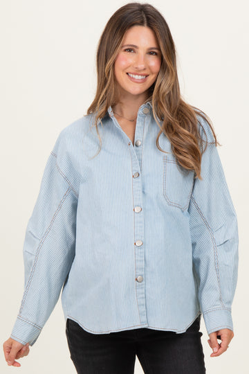 Denim-White Stripe Oversized Maternity Shacket