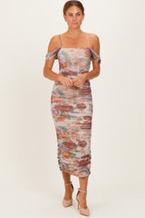 Taupe Floral Ruched Midi Dress