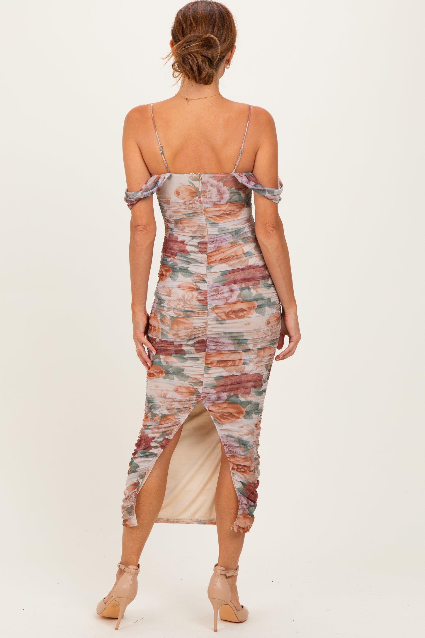 Taupe Floral Ruched Midi Dress