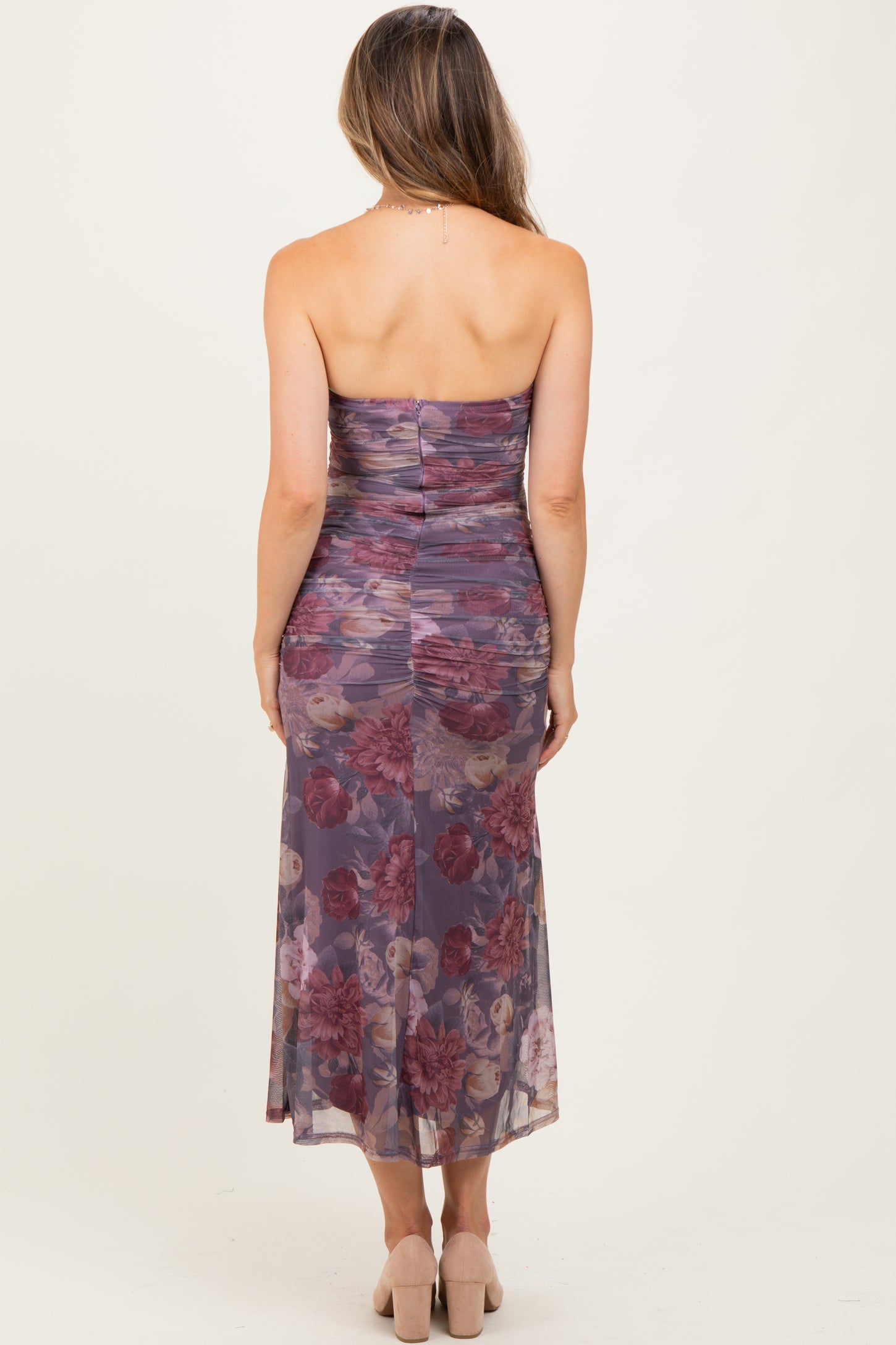 Lavender Floral Strapless Ruched Midi Maternity Dress