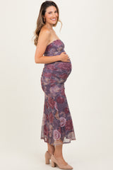 Lavender Floral Strapless Ruched Midi Maternity Dress