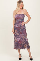Lavender Floral Strapless Ruched Midi Dress