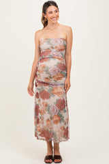 Taupe Floral Strapless Ruched Midi Maternity Dress