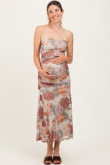 Taupe Floral Strapless Ruched Midi Maternity Dress