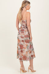 Taupe Floral Strapless Ruched Midi Dress