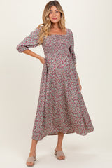 Cream Floral Print Smocked Bodice Maternity Maxi Dress
