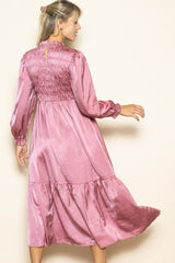 Mauve Mock Neck Satin Smocked Chest Dress