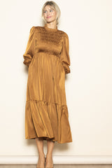 Mocha Mock Neck Satin Smocked Chest Maternity Dress
