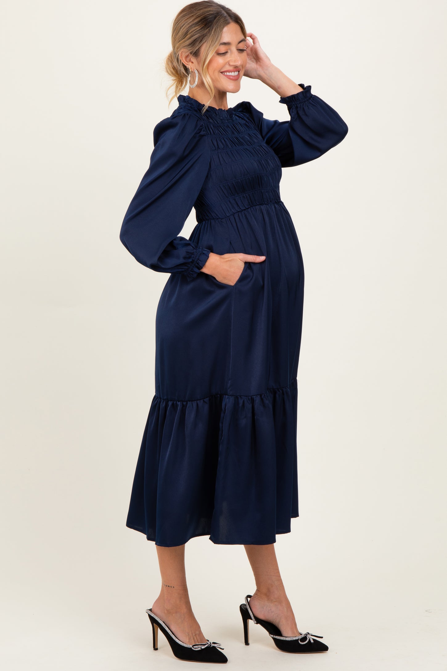 Navy Mock Neck Satin Smocked Chest Maternity Dress