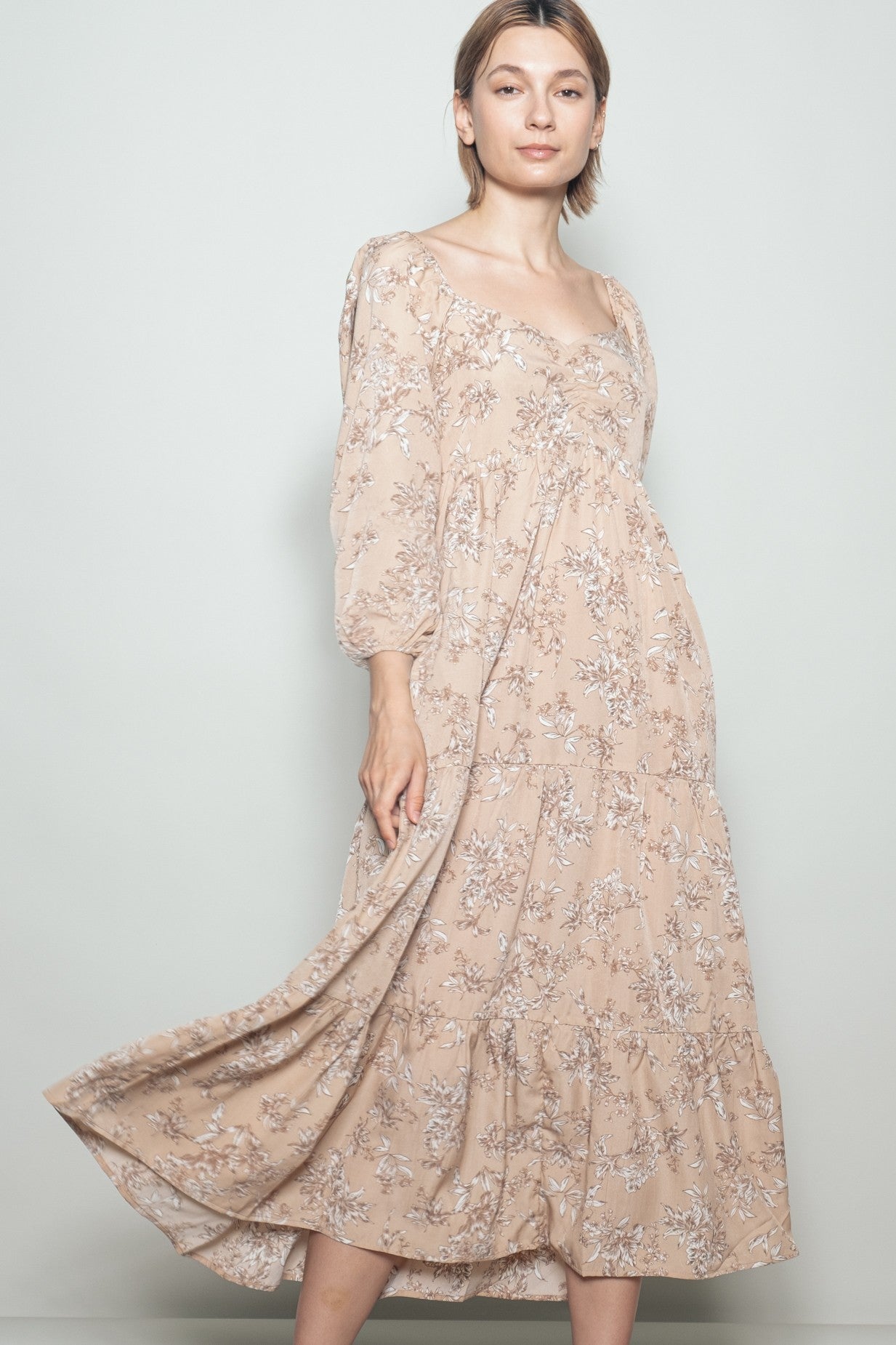 Beige Antique Floral Neck Maternity Maxi Dress