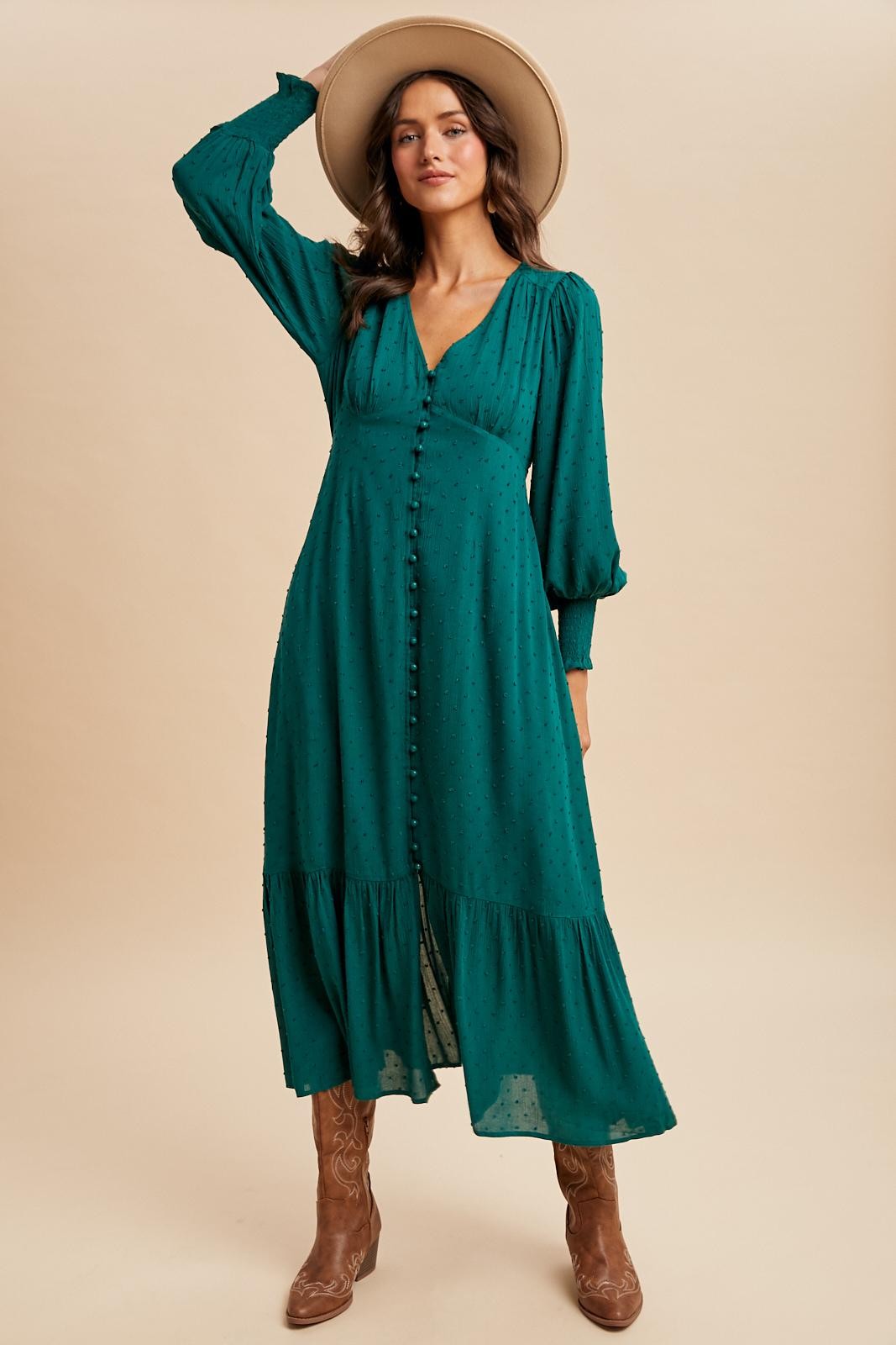Evergreen Swiss Dot Button Down Maxi Dress