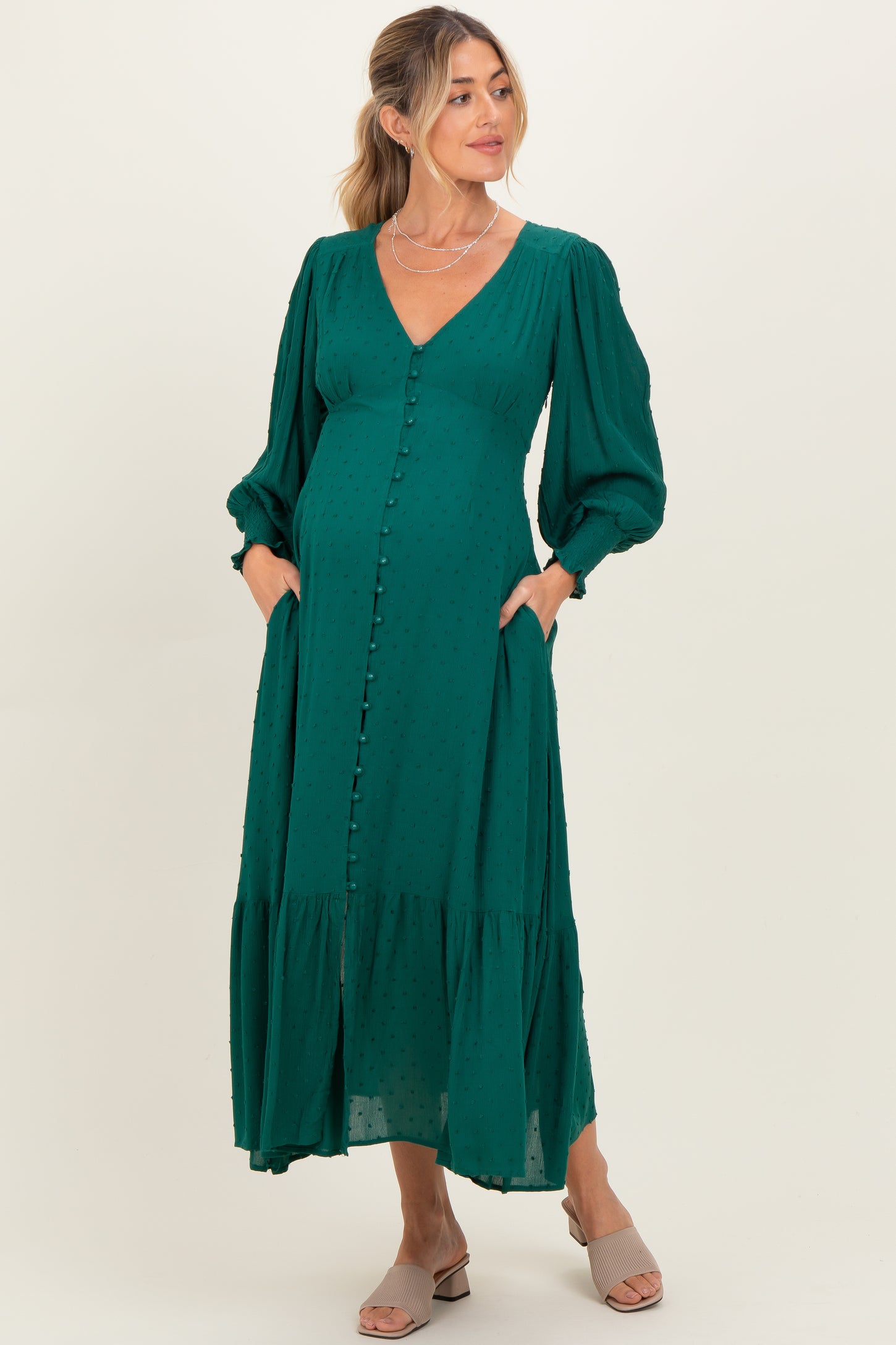 Evergreen Swiss Dot Button Down Maternity Maxi Dress