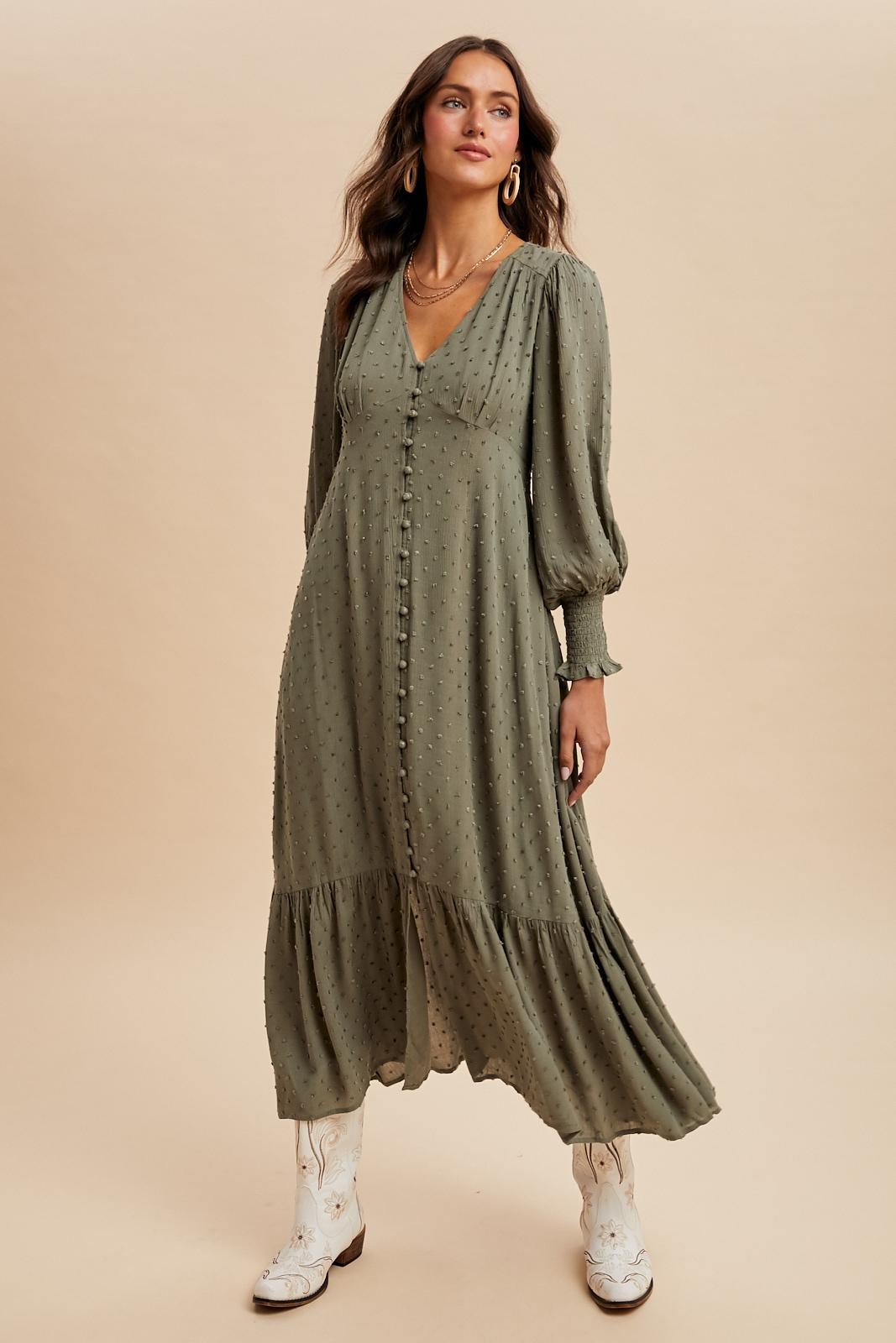 Dusty Olive Swiss Dot Button Down Maxi Dress