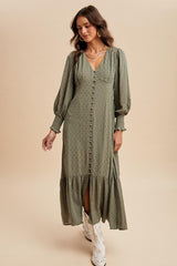 Dusty Olive Swiss Dot Button Down Maxi Dress