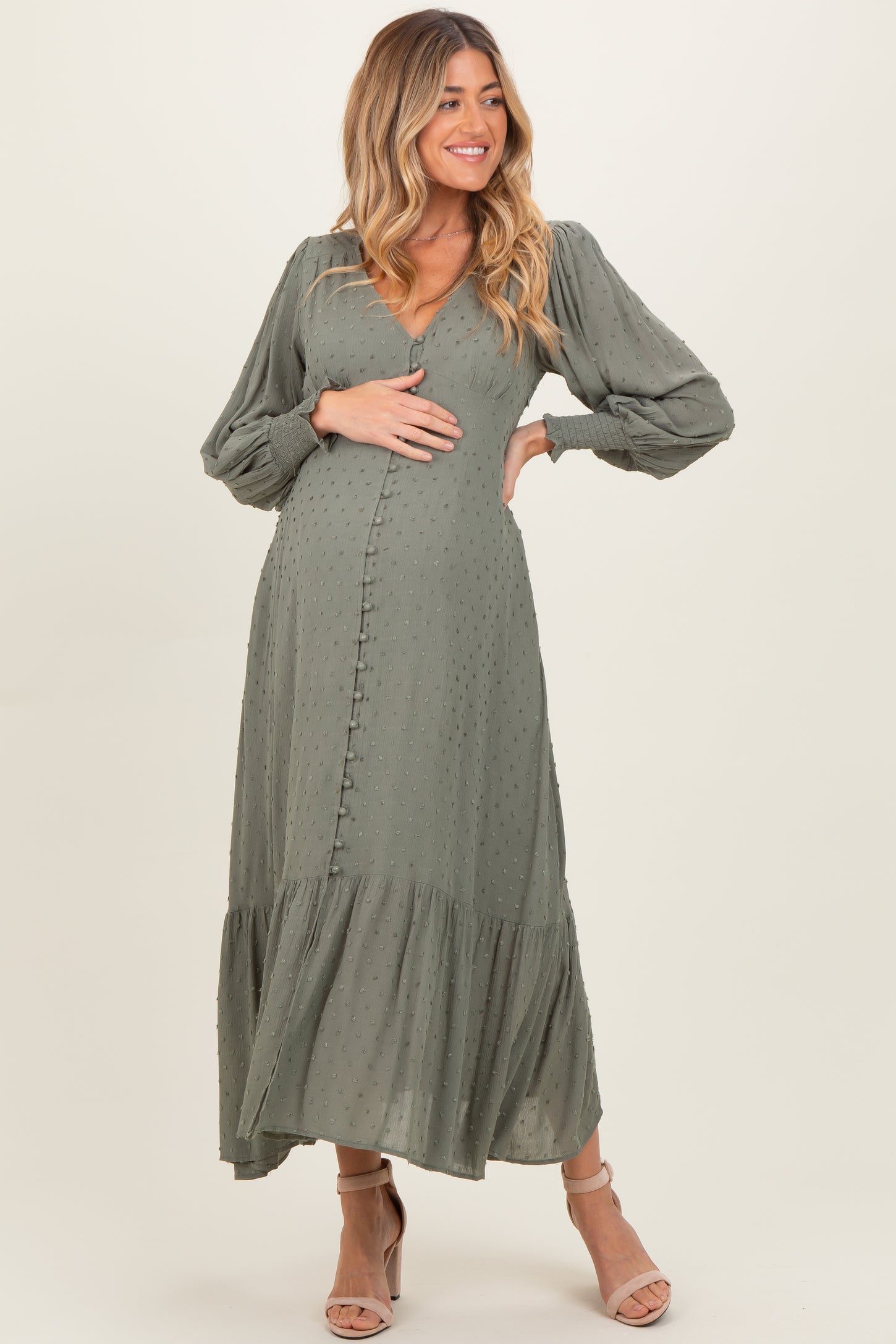 Dusty Olive Swiss Dot Button Down Maternity Maxi Dress