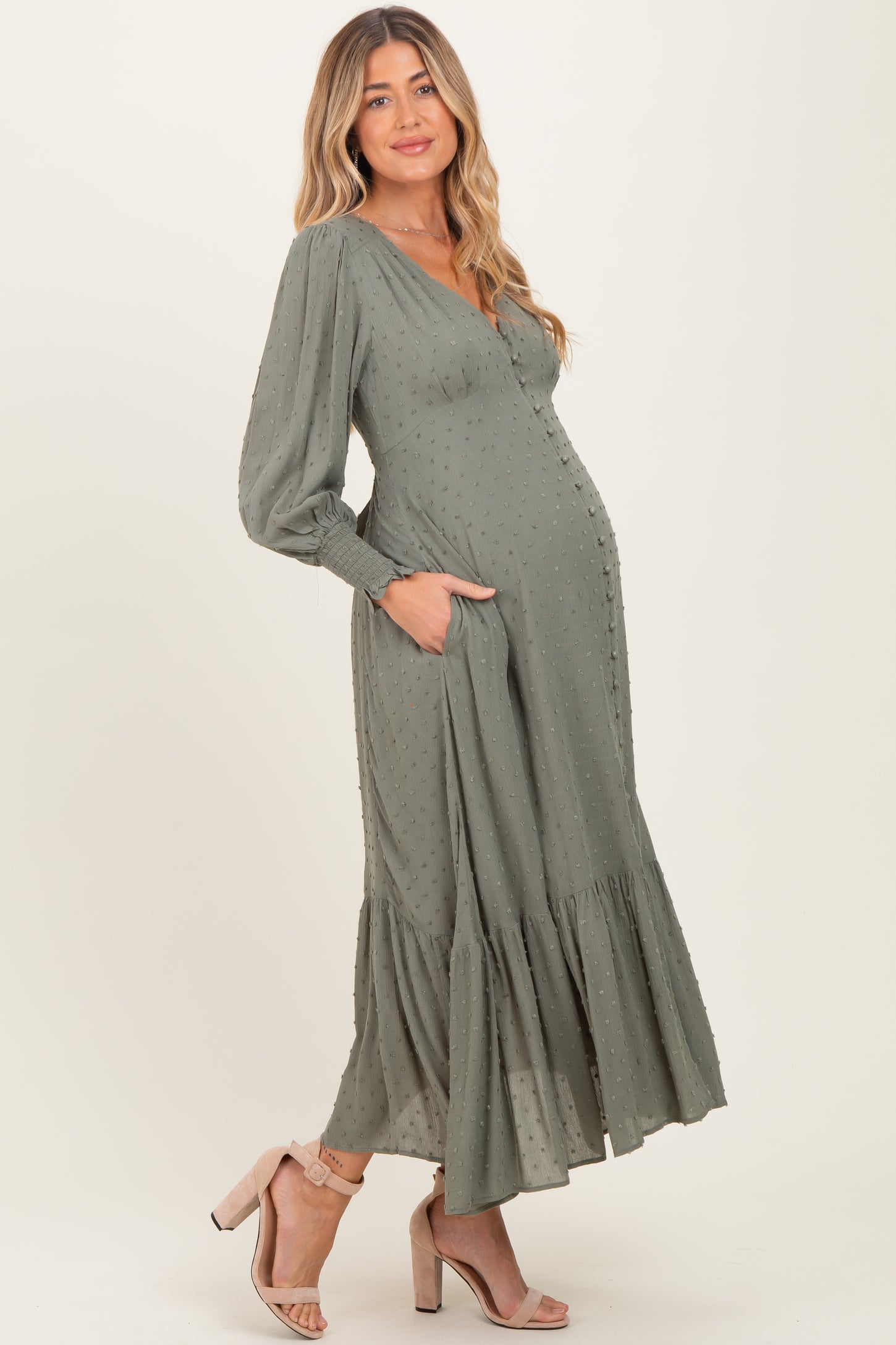 Dusty Olive Swiss Dot Button Down Maternity Maxi Dress