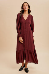 Burgundy Swiss Dot Button Down Maxi Dress